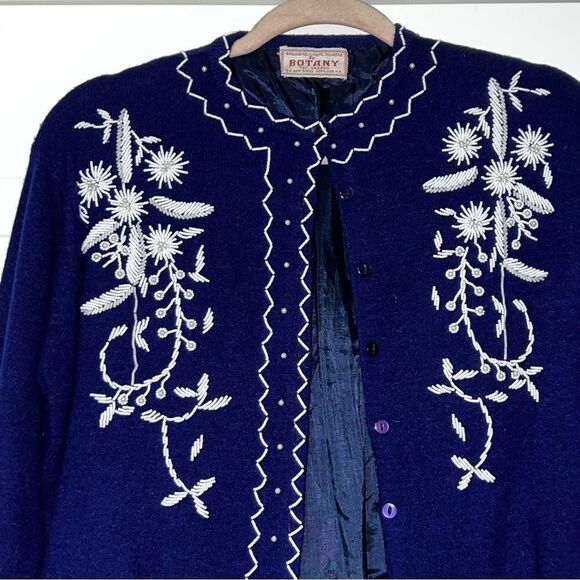 Vtg Cardigan Beaded Floral Navy Blue White Hand Made Cottagecore Lined Jacket M - Picture 2 of 15